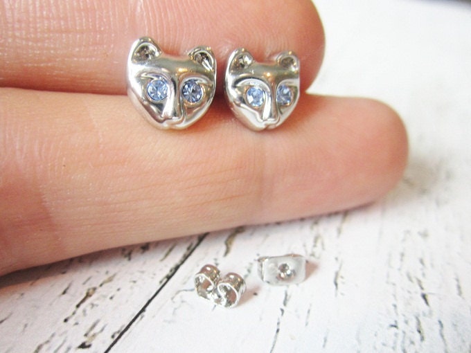 NEW -  Itty Bitty Shiny Cats - Very Sweet Cat Earrings With  Blue Crystals.