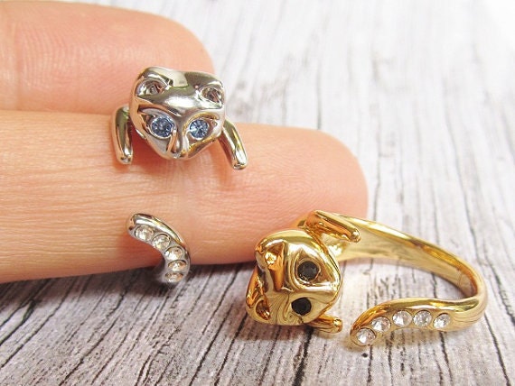 SALE - 3 Rings Buy 2 Get 1 Free  - Beautiful Cat Rings with blue/green/white/black crystals. Cat - cat lover - cats - kitty ring - kitten
