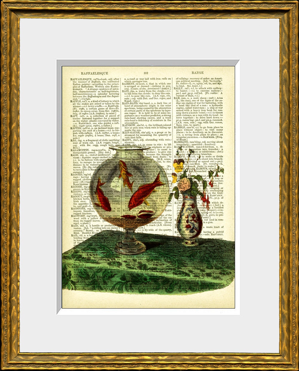 GOLDFISH BOWL recycled book page art print - an antique dictionary page with a vintage French illustration - home decor - vintage charm