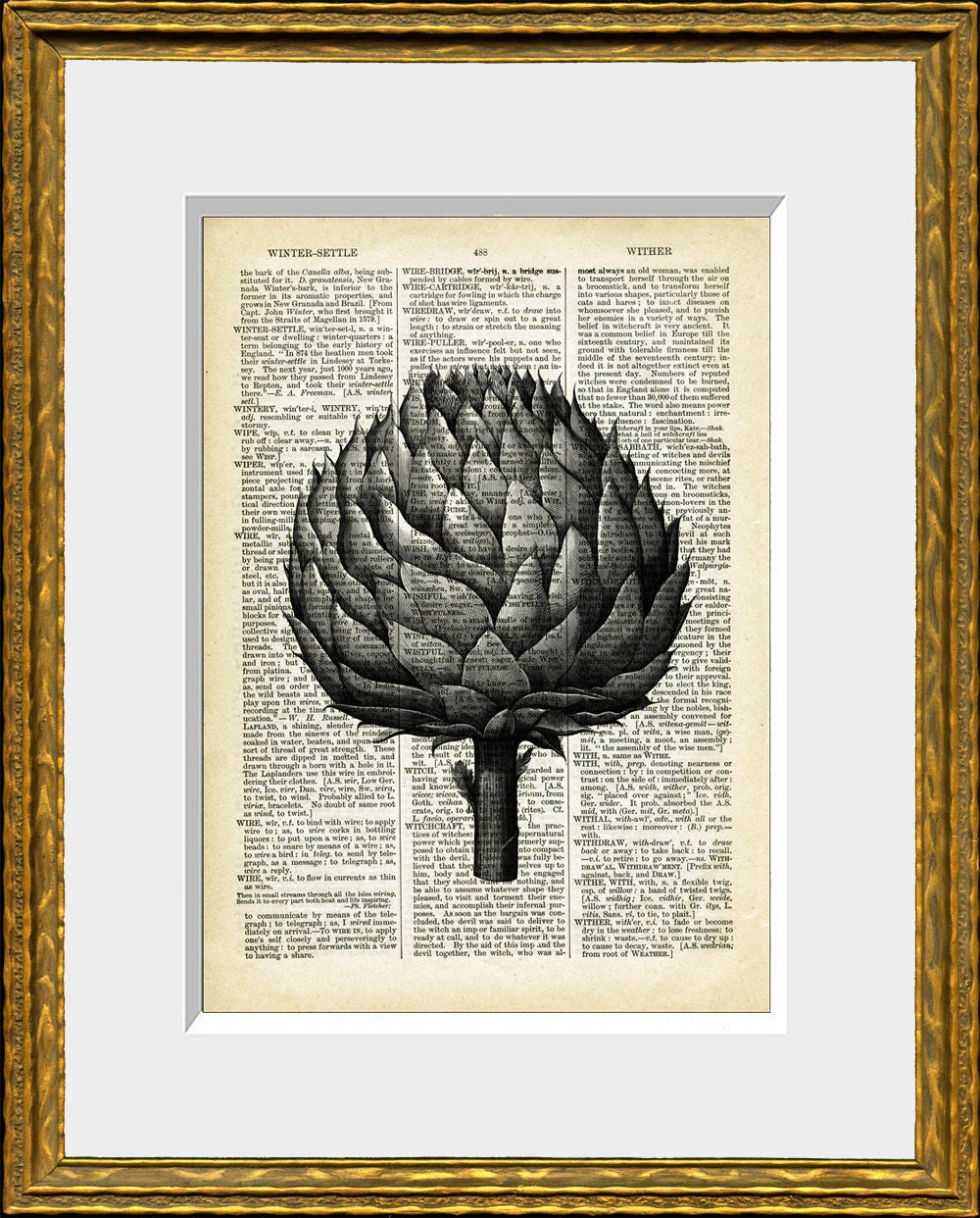ARTICHOKE IN B&W recycled book page art print - antique dictionary page with a food illustration - upcycled kitchen vintage, wall art