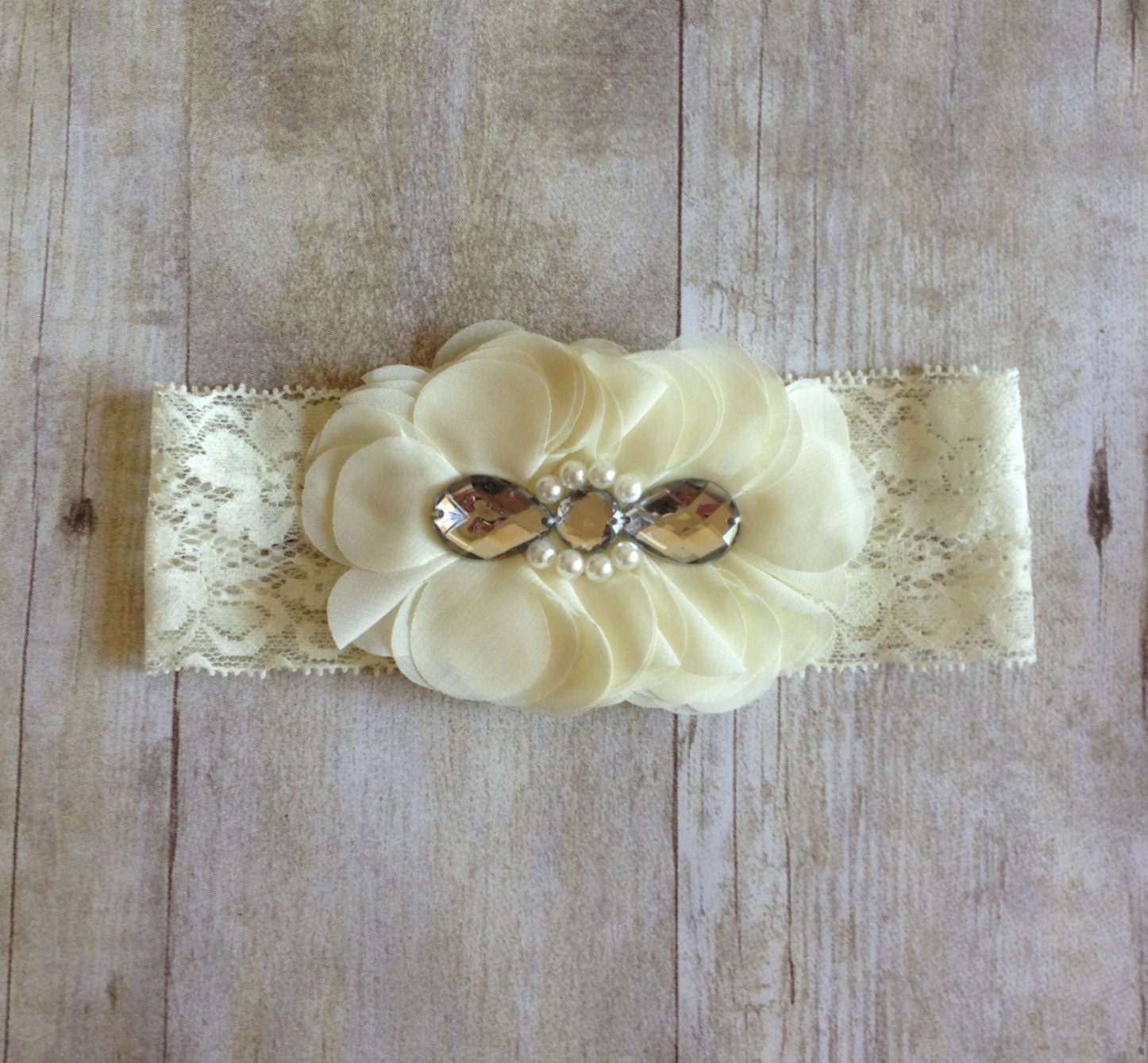 Sweet Pea- vintage cream chiffon flower and lace baby headband photography prop