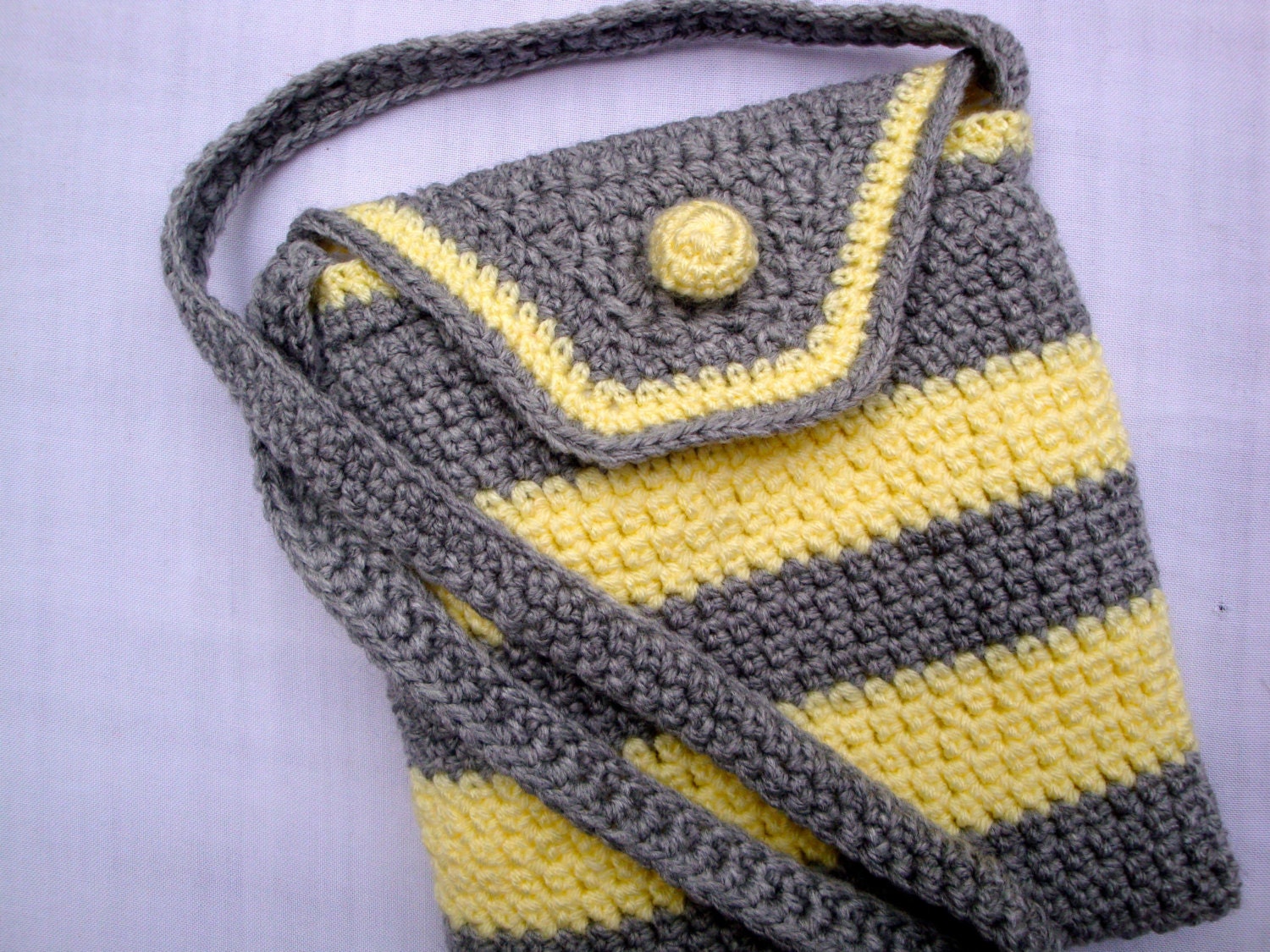 Crochet   Shoulder Bag - yellow - grey - crochet flower - teens - girls - women - gift - unique - funky - lined - slip pockets - stripy.