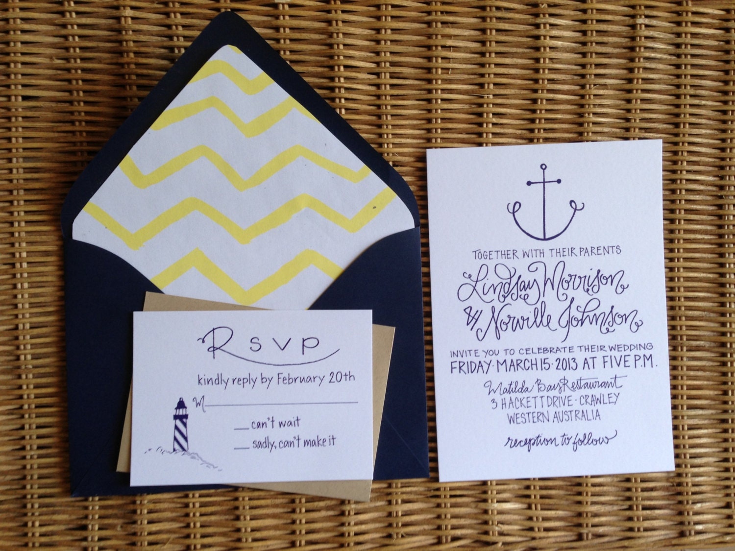Nautical Wedding Invitations Calligraphy Anchor & Lighthouse