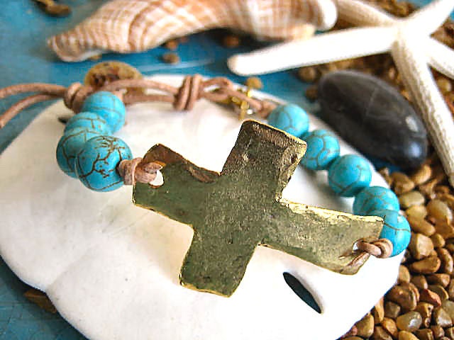 Have Faith... Statement Boho Leather Turquoise Howlite Beaded Bracelet with SideWay Hammered Gold Cross and Tree of Life, Hamsa