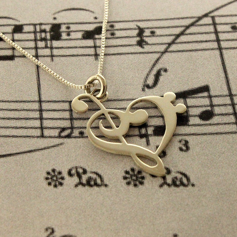 G clef bass clef heart Necklace silver music note Treble clef Pendant charm necklace music note necklace 18" inches Sterling Silver Chain