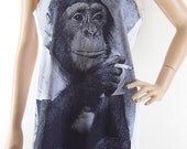Monkey Smoking Animal Style Monkey T Shirt Monkey Tank Top White T-Shirt Screen Print Size M