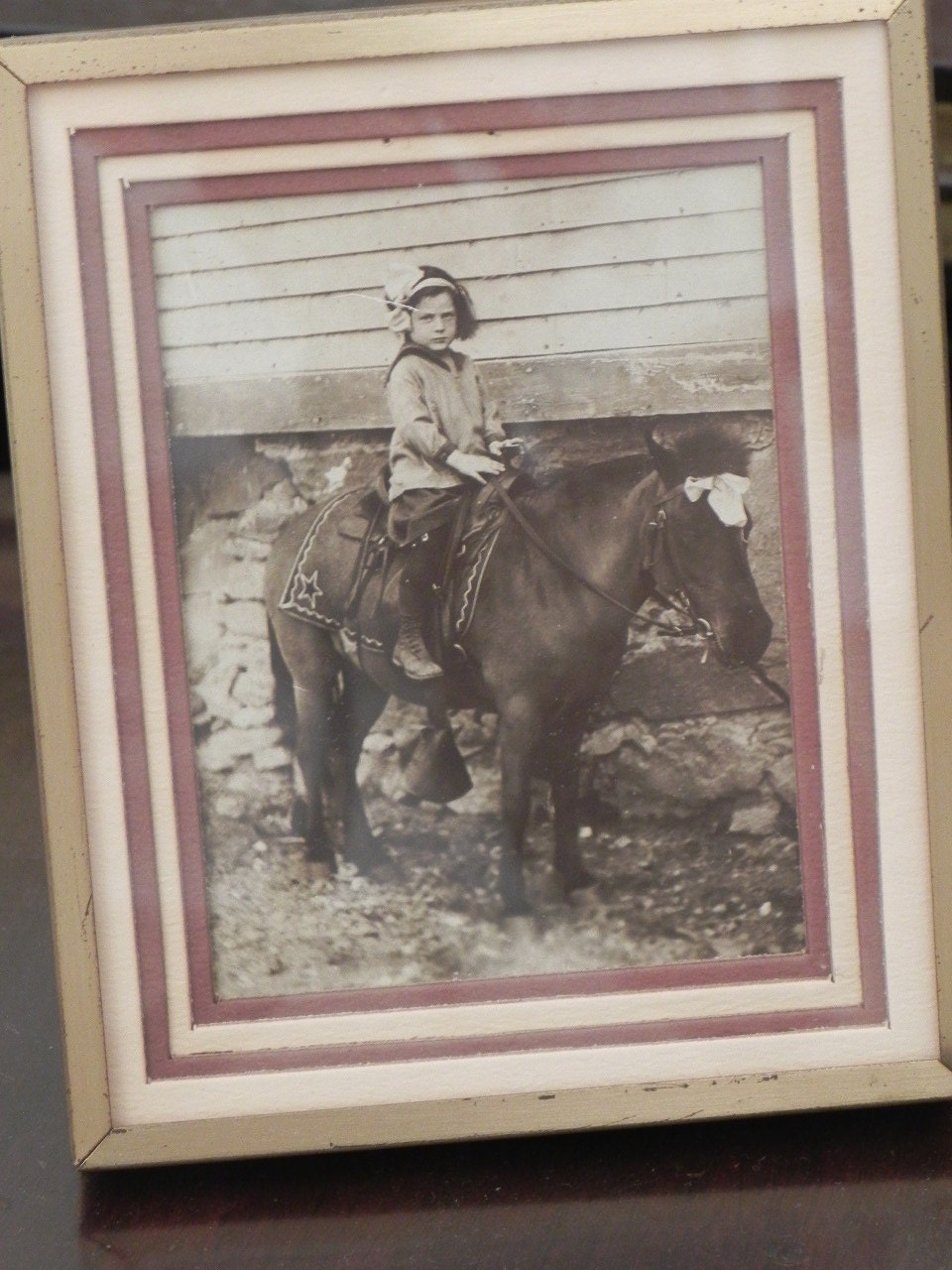 Vintage Framed Black & White Photo of Little Girl on a Horse