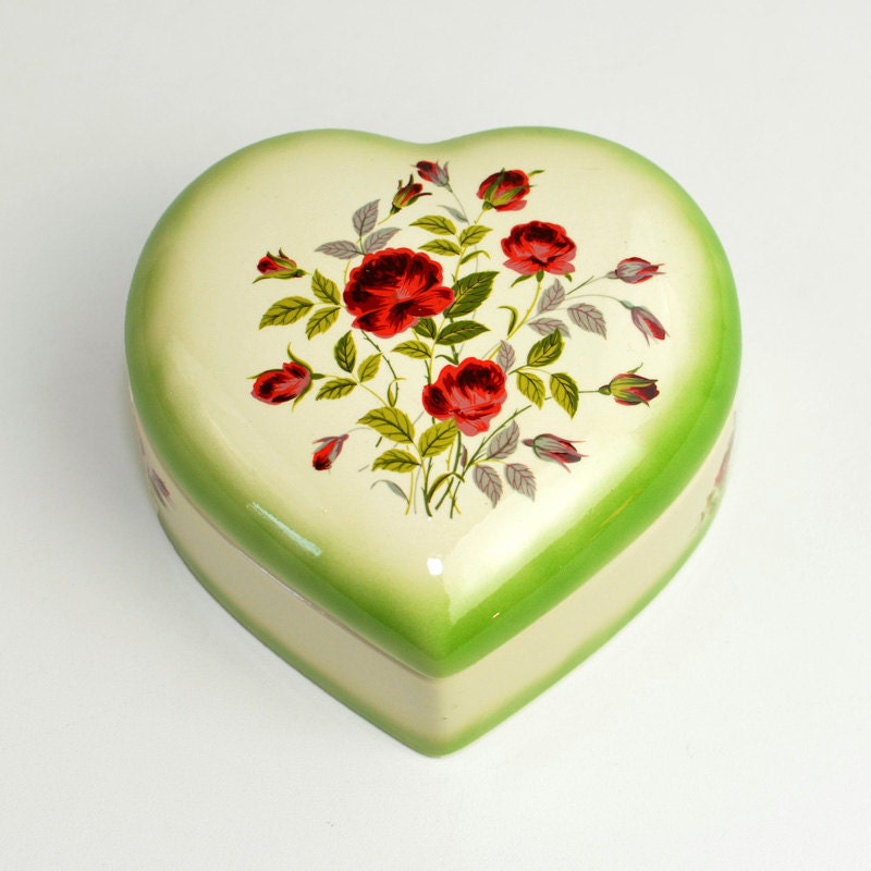 Heart Shaped Trinket Box - Handmade Ceramic Lidded Powder or Jewelry Storage, Green Painted Trim, Red Roses - Vintage Home Bedroom Decor