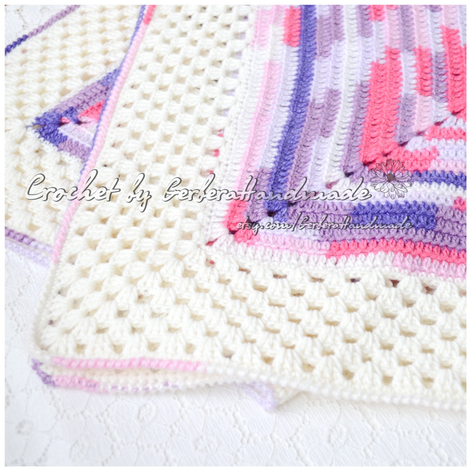 Crochet Baby Blanket / Baby Afghan - hot pink purple white color for baby/granny square - Ready to ship