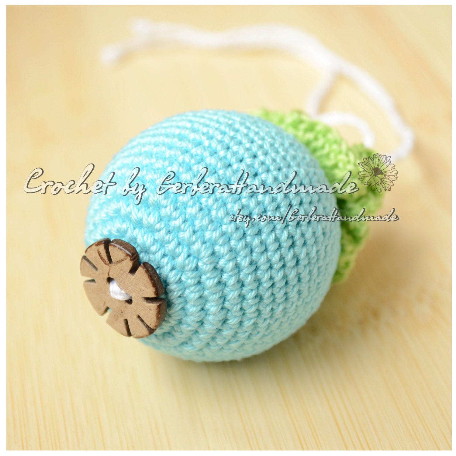 Crochet baby rattle turquoise - Sensory toy by GerberaHandmade READY TO SHIP