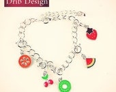 Bracelet - Adorable cute silver bracelet with cherry, strawberry, orange and watermelon fruit charms