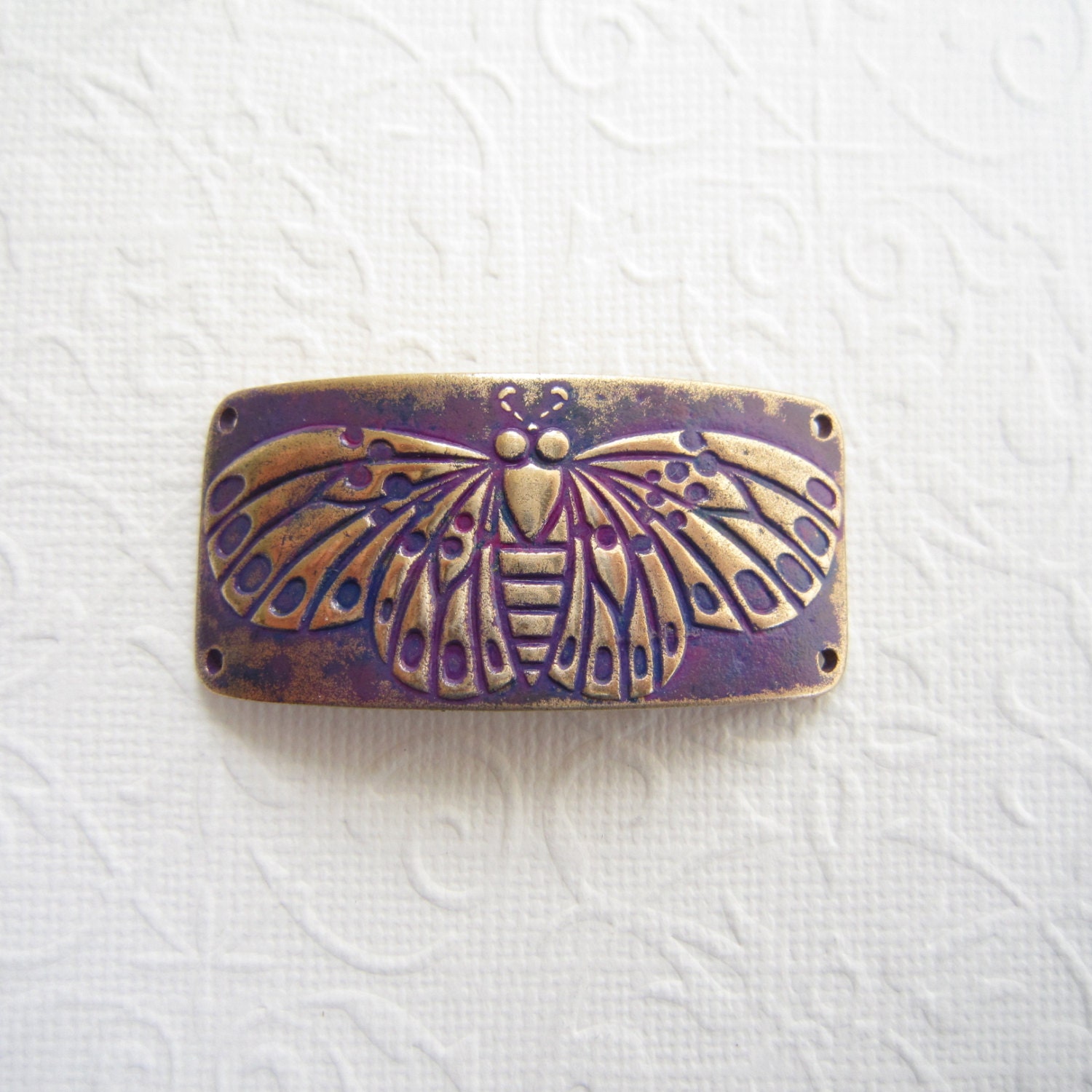 Patinated butterfly cuff, purple butterfy, bronze bracelet bar