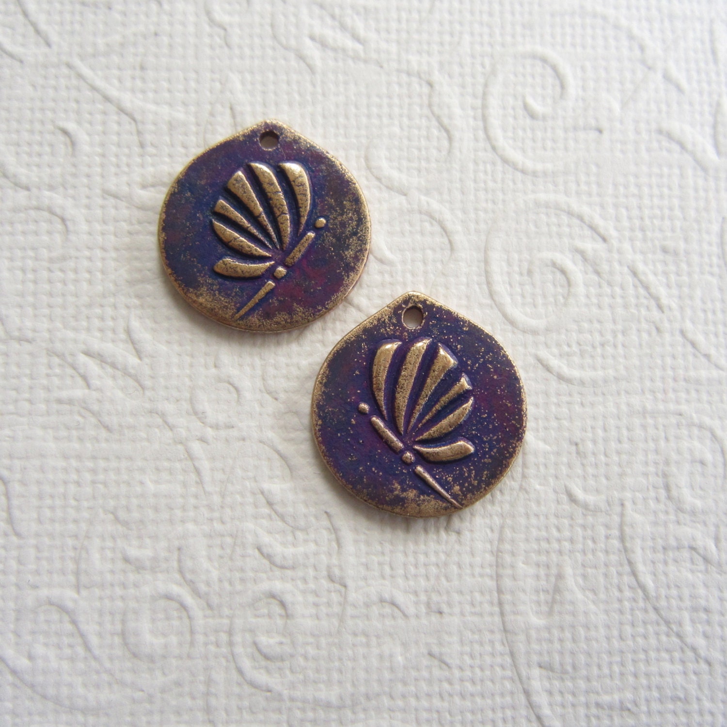 Dragonfly charms, earring charms, bronze picture charms, purple charms - 1 PAIR