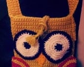 Crochet Golden Owl Retro Shoulder Bag Purse 70s Style Handmade with Secret Pockets Wool Blend OOAK Unique