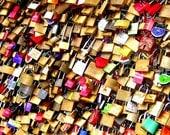 Love Locks, Cologne, Germany. Photograph. Kids Room. Nursery. Deutschland. Red. Gold. Green. German. Locks along the Bridge.