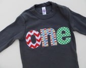 Long Sleeve Birthday Shirt  in Asphalt with red chevron, pez and green dots 1st Birthday