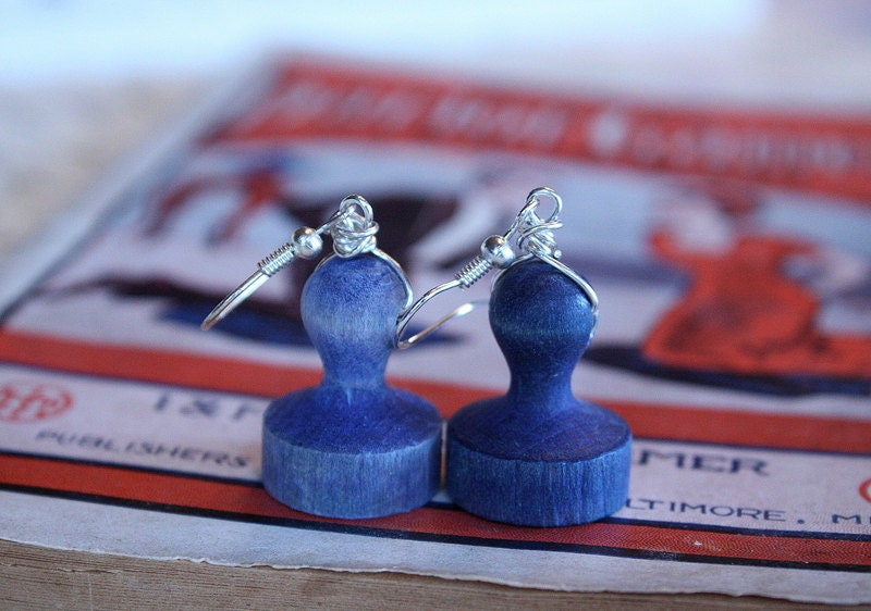 Upcycled Simple Vintage Blue Wooden Pollyanna Game Piece Earrings