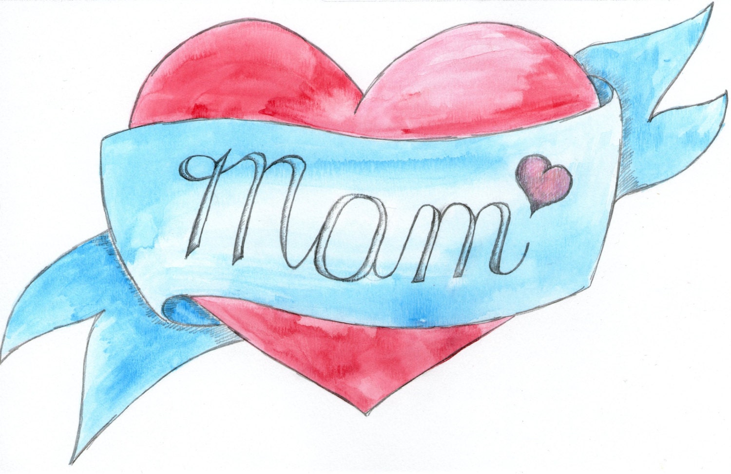 Art Print from Original Watercolour, 'Mom' or 'Mum' tattoo-inspired heart