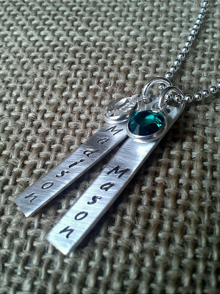 Hand Stamped Rectangle Mom Necklace-Personalized Mom Charms with Swarovski Crystal Channel Charms