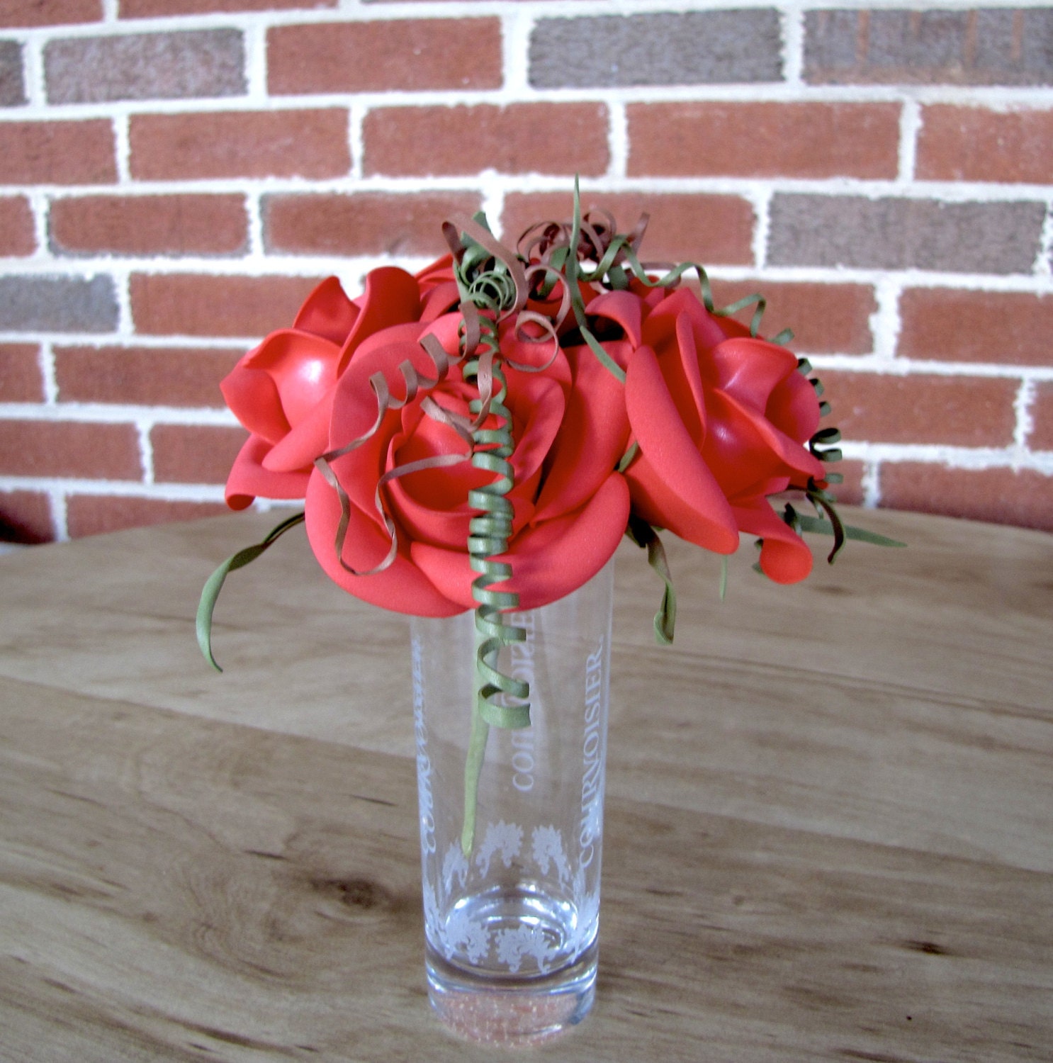 Red Rose Floral Arrangement. Five Roses Bouquet . Every flower is handmade. Floral Arrangement for Coffee Table and Table Outdoors.