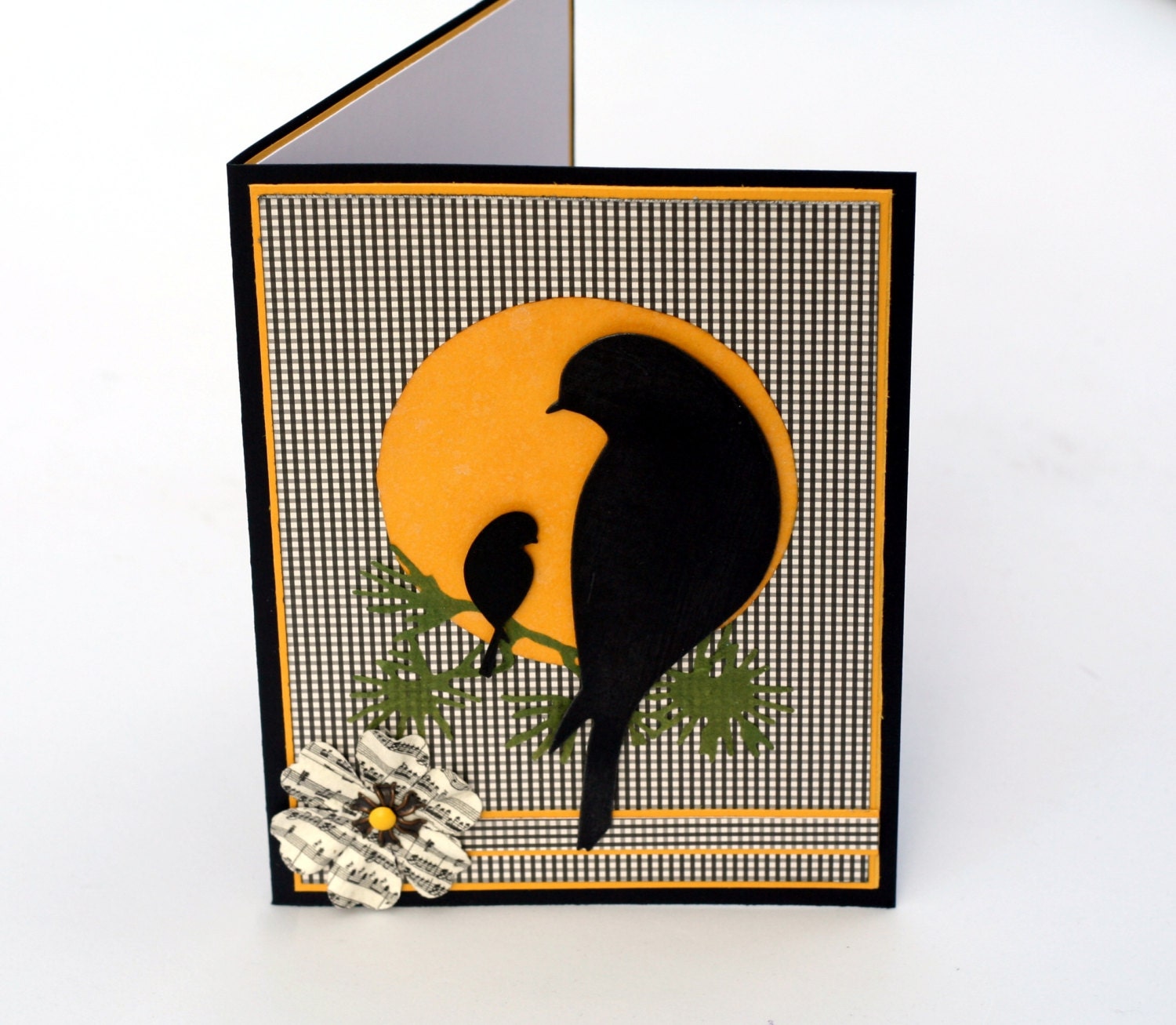 Bird silhouette note card, mother and child, black yellow blank card, sunrise, 3d natures madonna greeting cards
