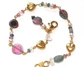 Watermelon Tourmaline Slice Bracelet Pearl Gold Vermeil Heart Charm Summer Jewelry