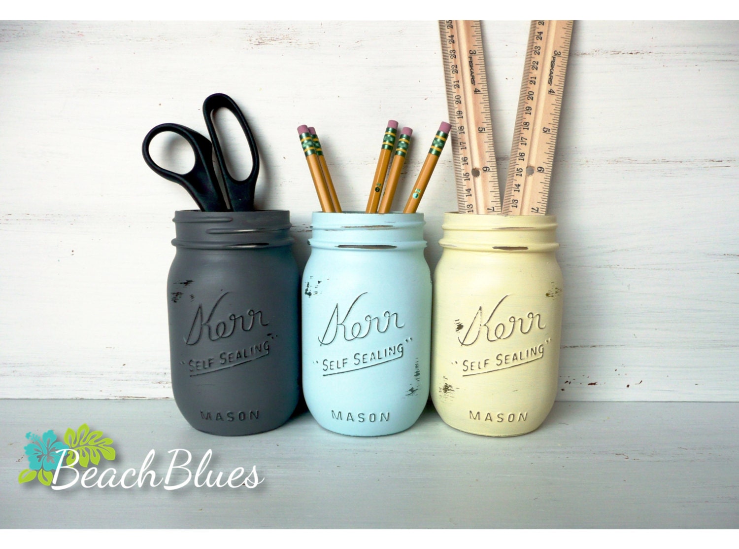 Preppy Trio - Home, Dorm or Office Decor, Painted and Distressed Mason Jars - Utensil Holders