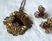 Filigree Topaz Rhinestone Necklace with clip on Earrings