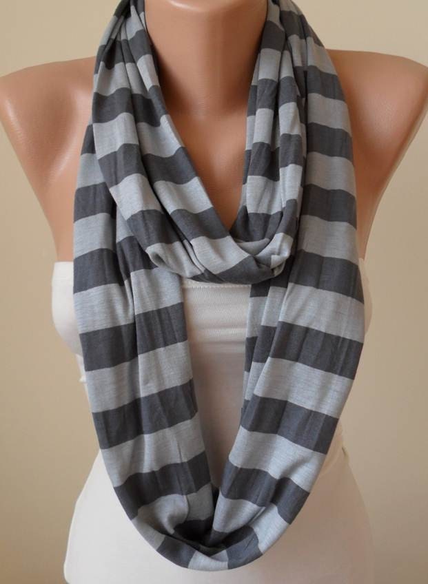 Trendy - Dark and Light Gray Striped Infinty Scarf  - Circle -  Loop Scarf - Combed Cotton Fabric