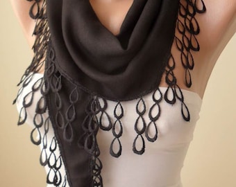 Mother's Day - Perfect Gift - Black Pashmina Scarf with Trim Edge