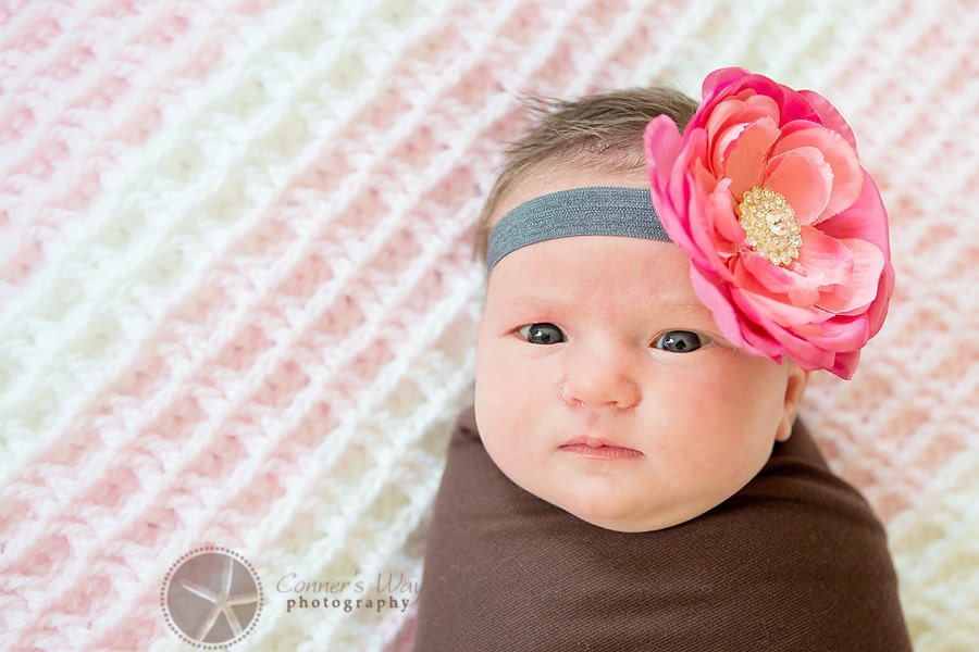 Summer Baby Headband - Hot Pink Flower - Gray Elastic - Baby Photography - Newborn - Infant - Toddler - Tween - Rhinestone