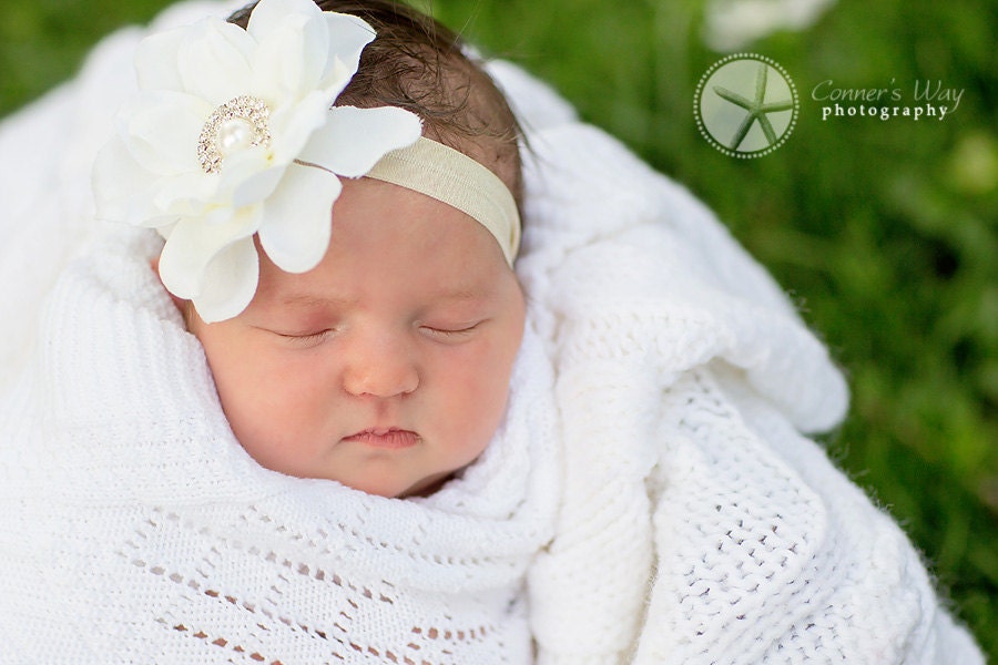 Baby Headband- Infant Headband- Cream Flower with Pearl and Rhinestone Center on Soft Ivory Elastic Headband