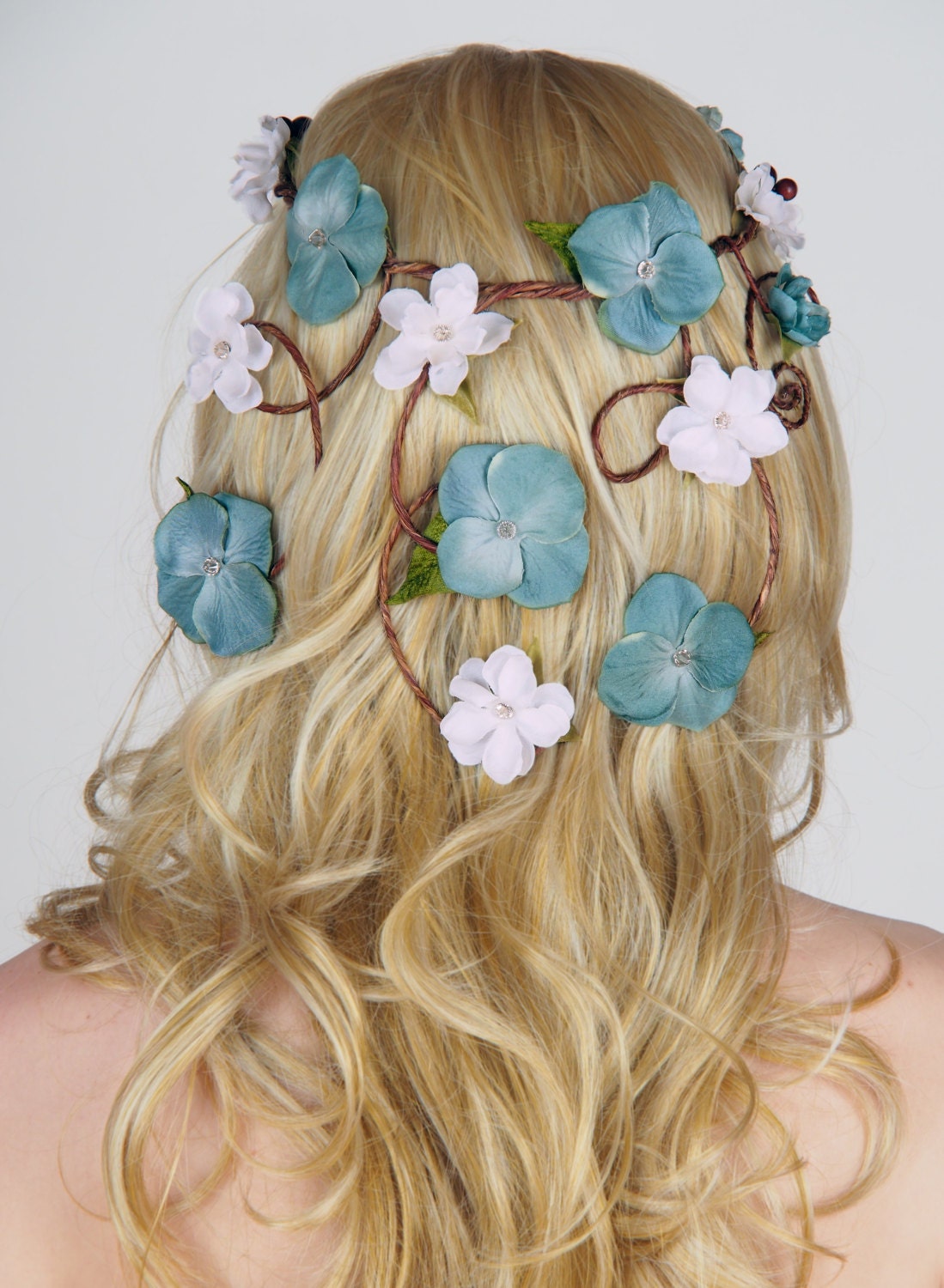 Whimsical Wedding Crown with Cascading Veil of Flowers - Aqua & Ivory - Floral Headpiece, Circlet of Vines