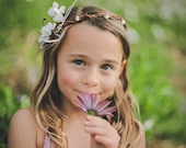 Flower Girl Crown - Girl's Floral Head Wreath - Ivory Flowers & Feathers - Fairy Princess Circlet, Princess Crown, Halo