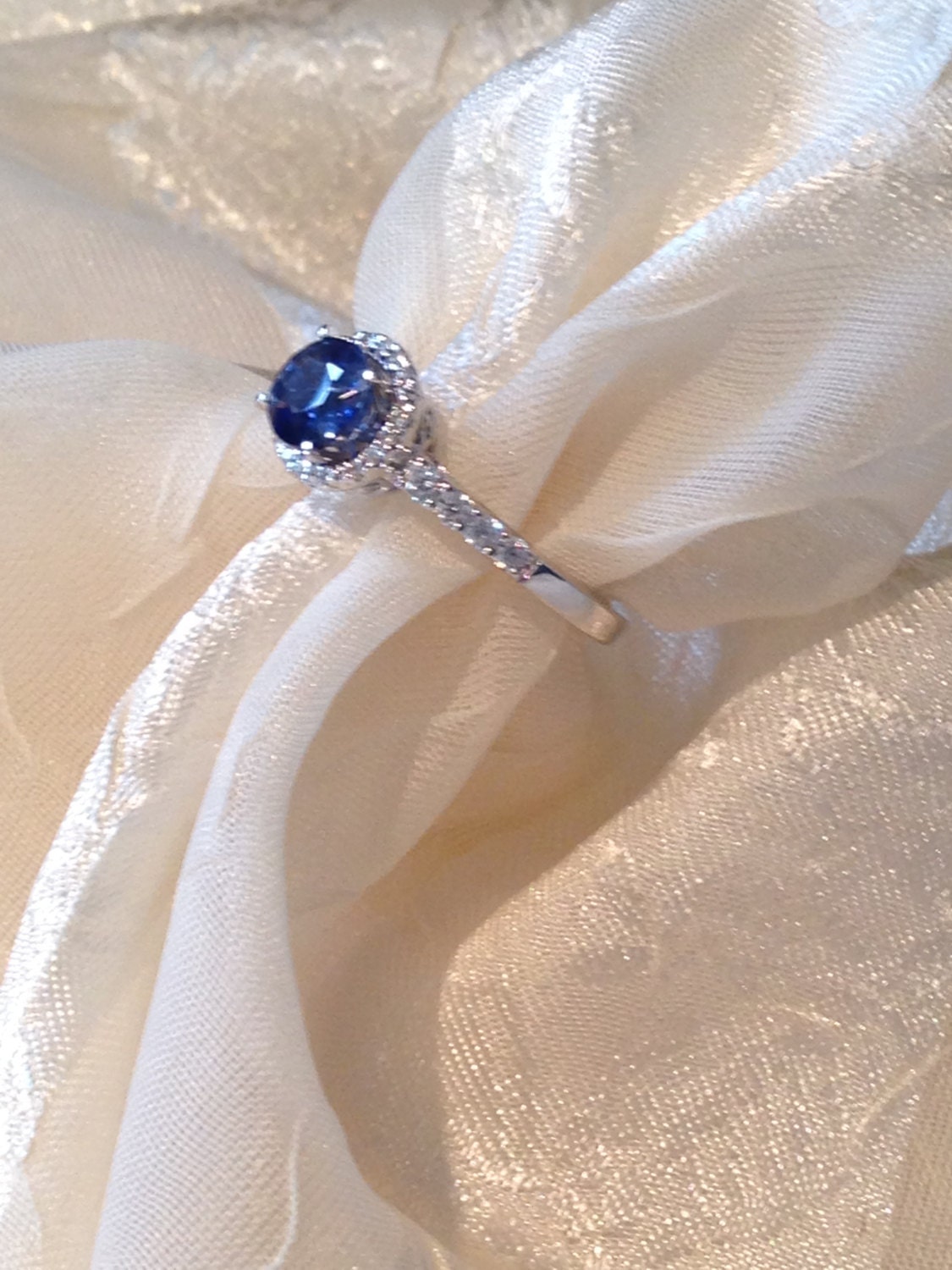 Kyanite Engagement Ring Vibrant Blue in White Zircon Halo