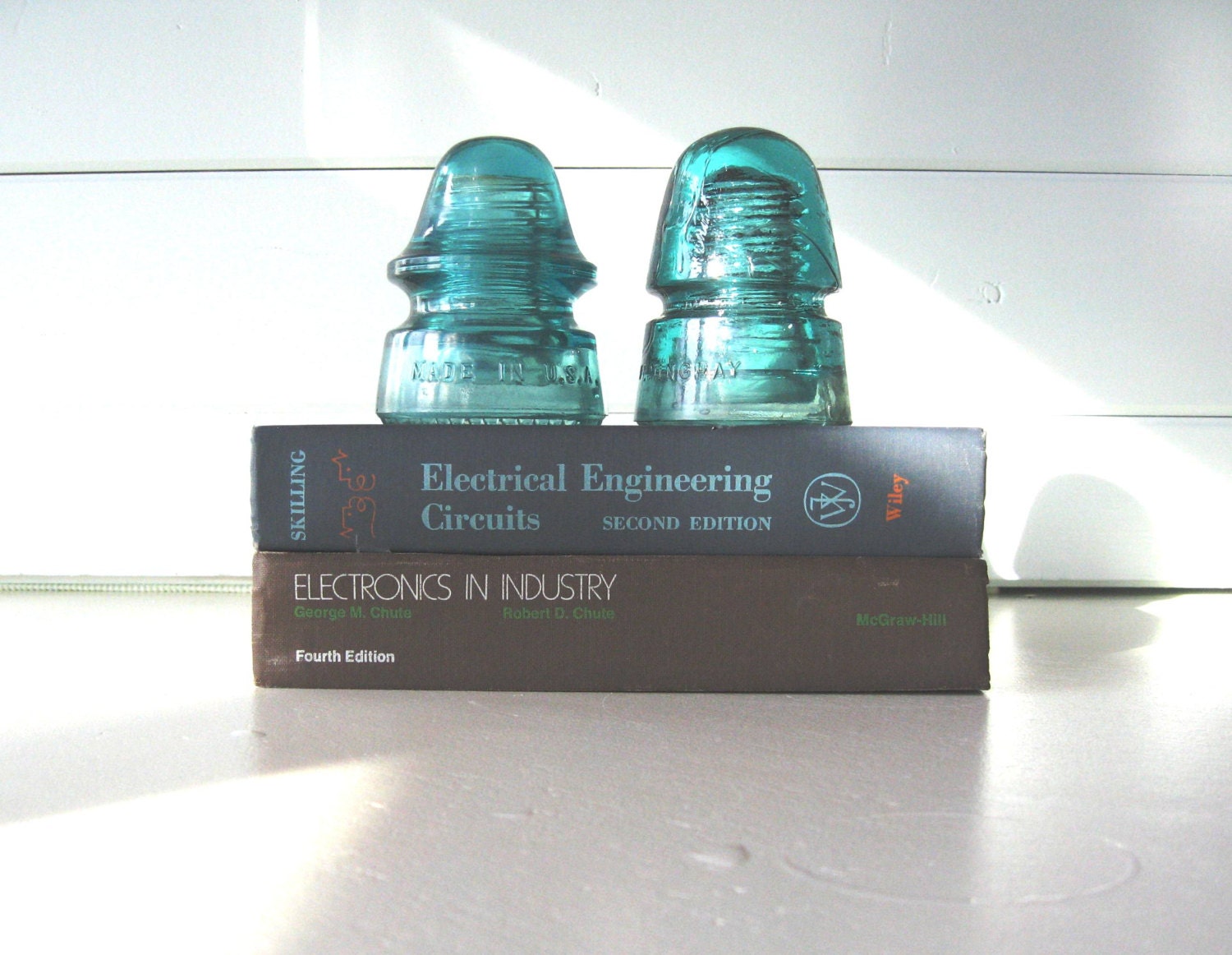 Glass Electrical Insulators, Blue Green Insulators, set of two, Paperweight