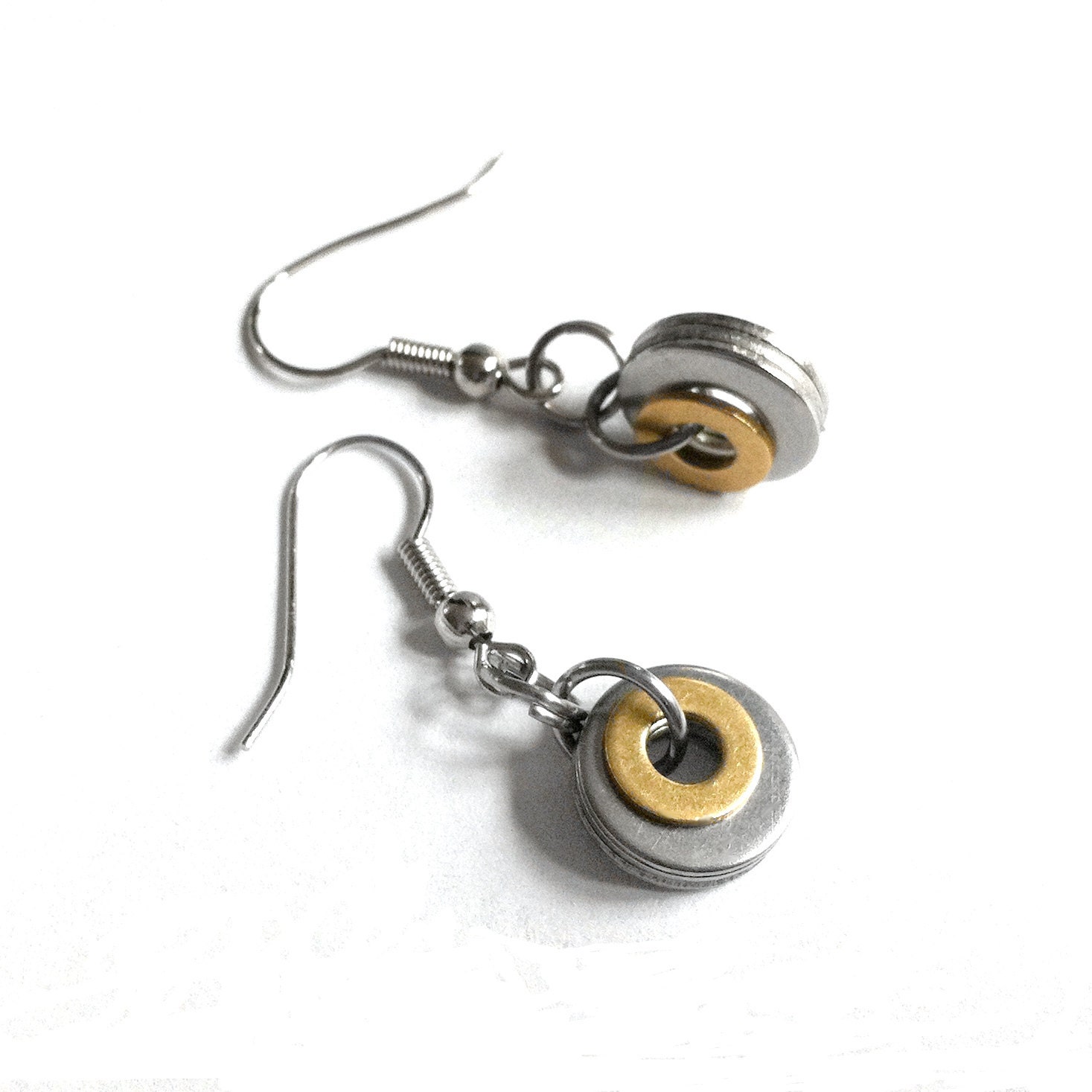 Brass and Stainless Steel Earrings, Two Tone, Silver Dangle Earrings, Womens Silver Earrings, Stainless Steel Jewelry