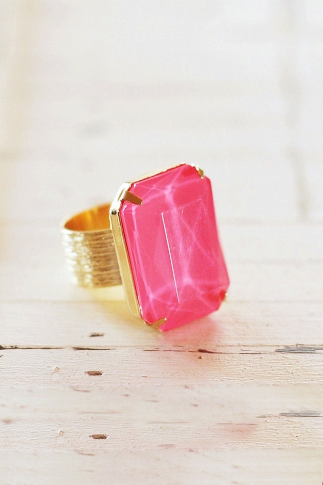 Neon Hot Pink Rhinestone Cocktail Ring - Adjustable Gold Statement Ring