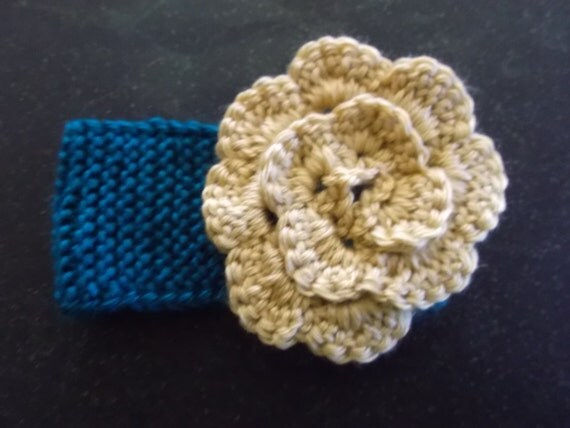 Knit Teal Baby Headband, Earwarmer With Crocheted Gold Rosette Accessory Size 0-3 Months: Easter/Spring