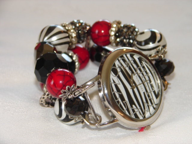 Black and White and Red Chunky Beaded Watch Bande with Zebra Watch Face -interchangeable