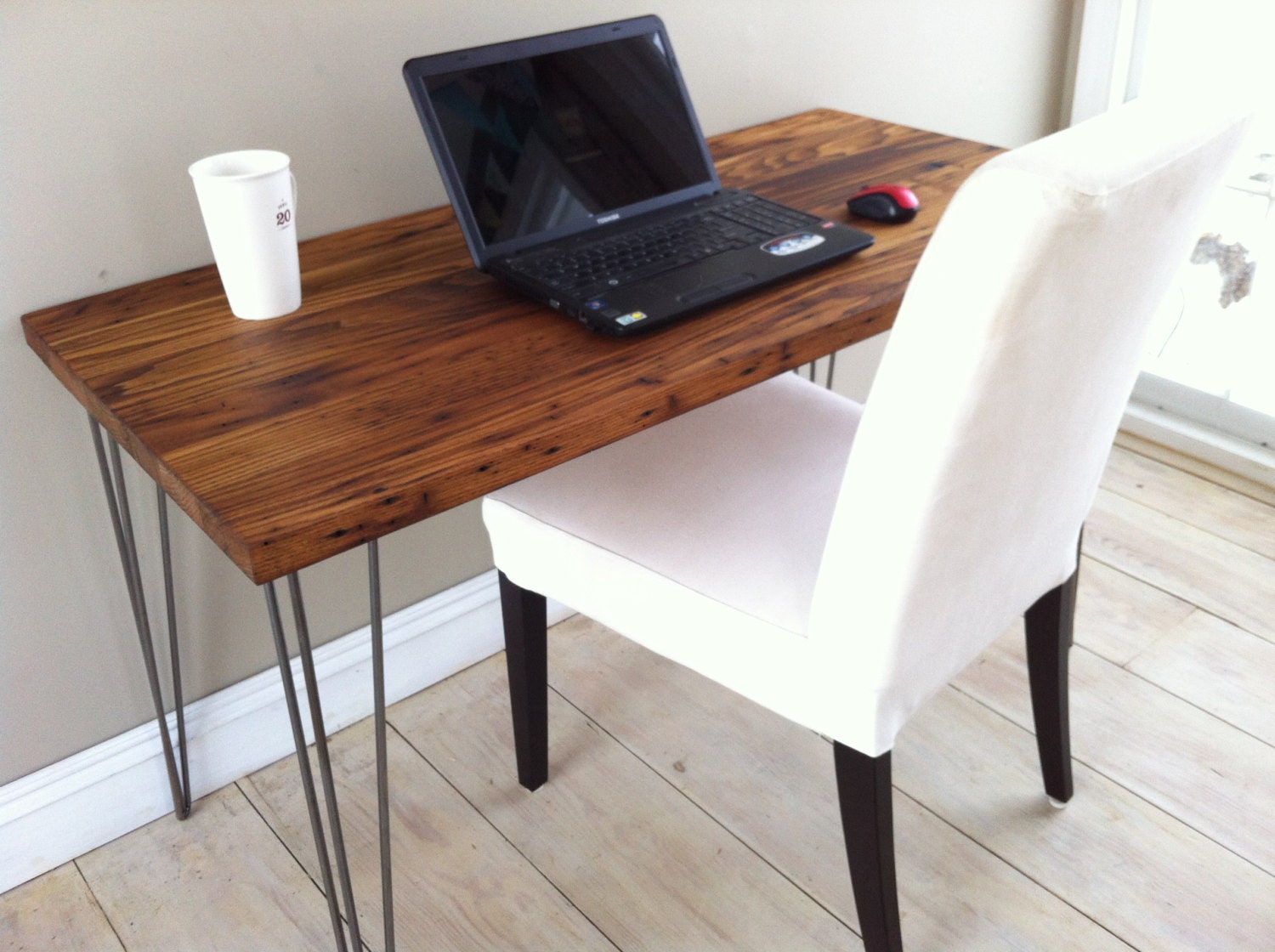 Modern industrial, mid century modern desk featuring reclaimed American Chestnut barnwood with hairpin legs.
