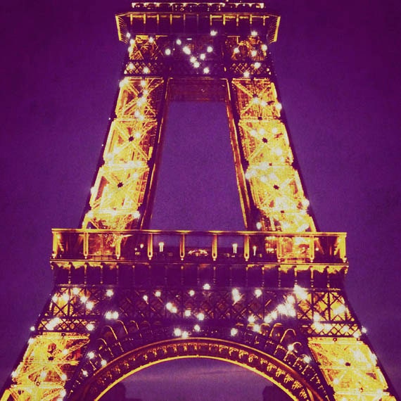 Paris photograph, 8x8 Eiffel Tower print, vintage fine art travel photography, yellow gold lights, romantic, purple, glamorous France photo