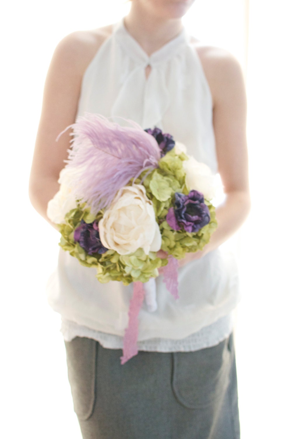 lilac and fresh green garden bouquet, green paper hydrangea, creamy peony, amethyst anemone wedding bouquet