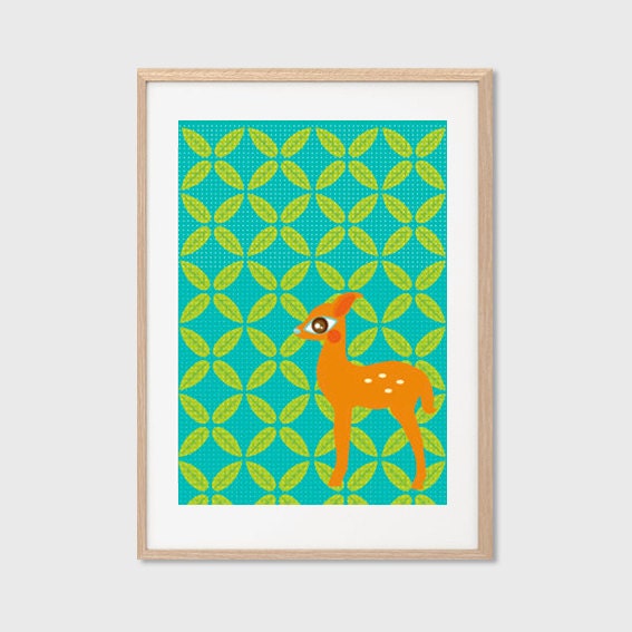 Baby Deer In The Woods Poster : Modern Animal Illustration Retro Art Wall Decor Print 11.7 x 8.3 in