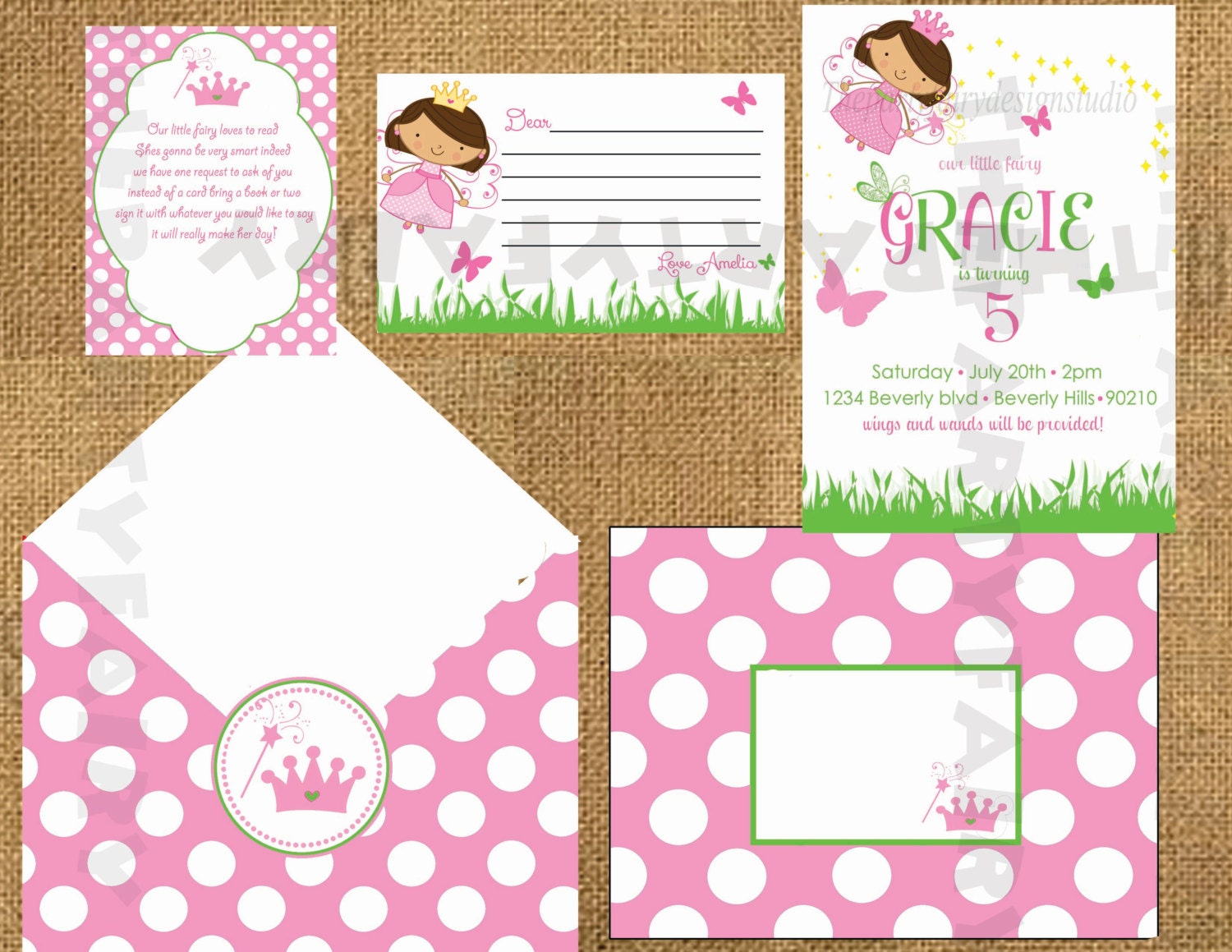 Huge fairy garden  invitation set with matching thank you card , address labels and envelope you print cute modern girly