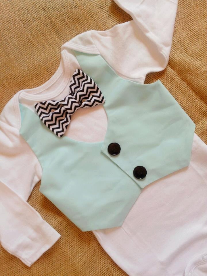 Baby boy bow tie/vest onesie Light mint blue with black and white chevron. Great for birthday, party, wedding, photos, Easter/spring