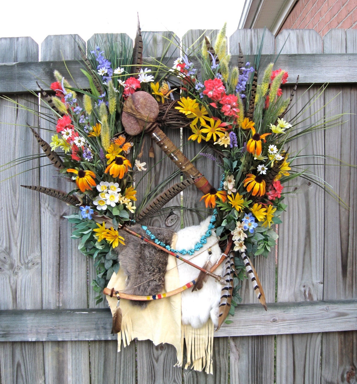 FREE SHIPPING  Native American Plains Indian Wreath, Tomahawk, Bow and Arrow, Fur, Hide