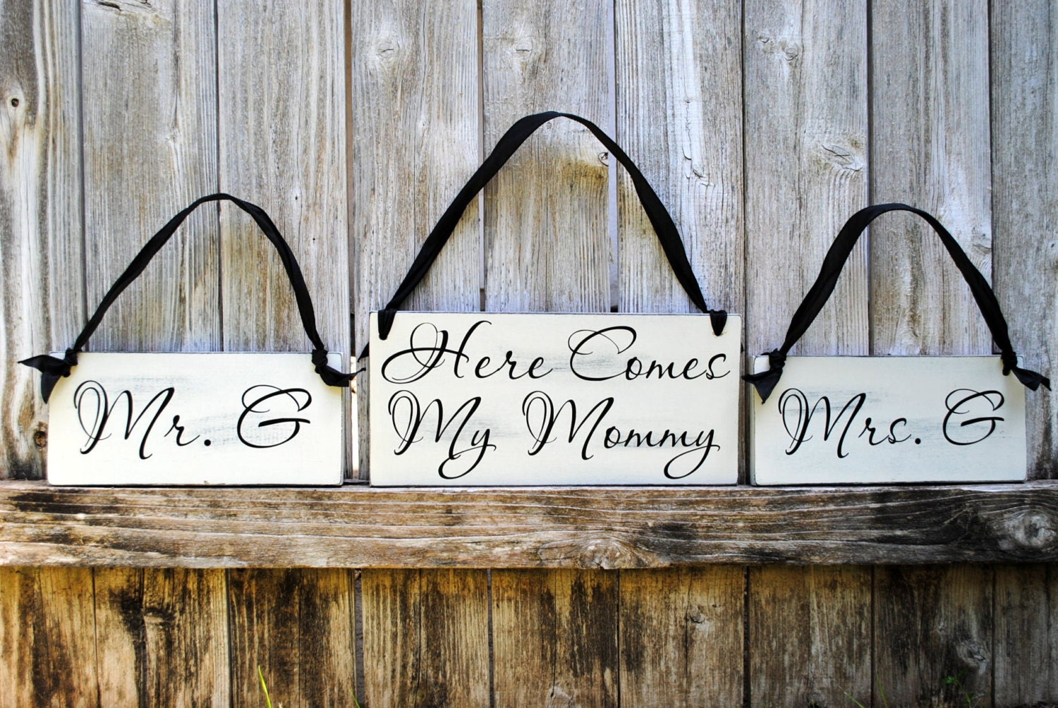 Here Comes My mommy with and they lived happily ever after and Mr. and Mrs. Rustic Wedding. Shabby Chic signs. Ring bearer, flower girl