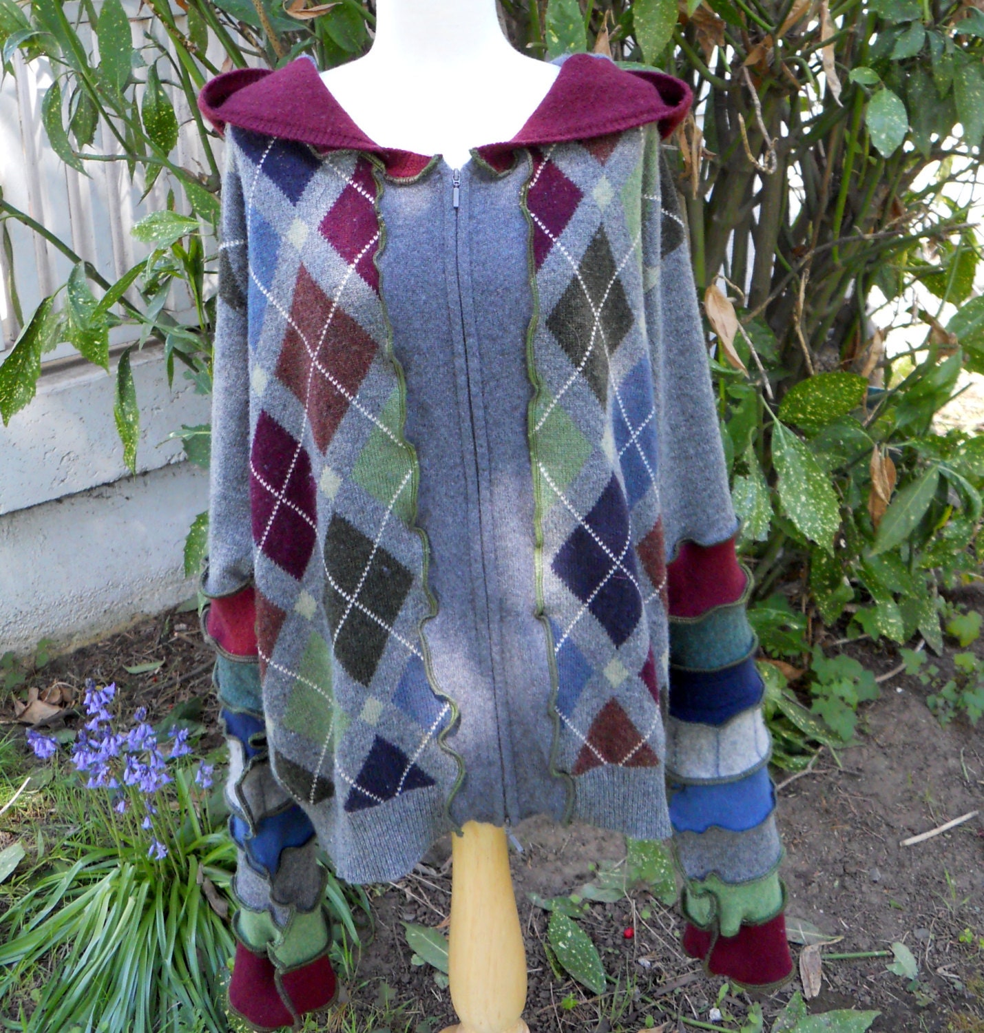 Upcycled Sweater Plus Size Argyle Wool Cashmere Pixie Hood Double Zipper Recycled Clothing