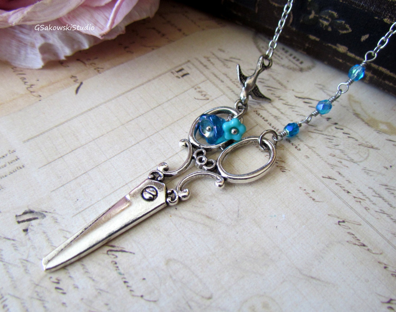 Antique Silver Scissor and Flowers Necklace, Long Chain Scissors and Bird Necklace